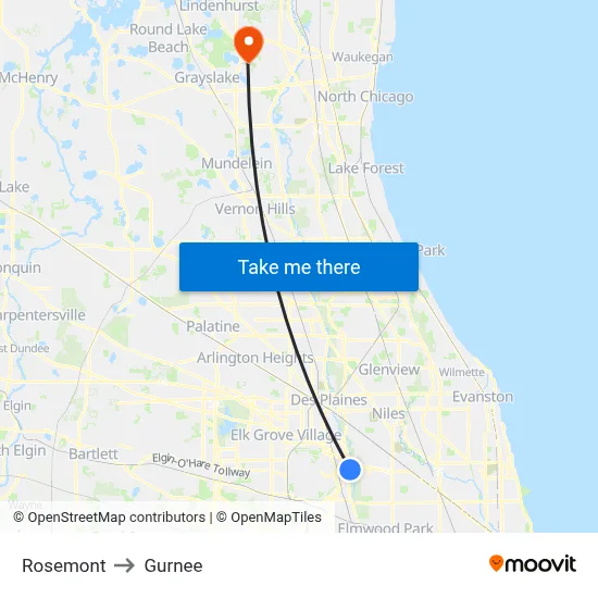 Rosemont to Gurnee map