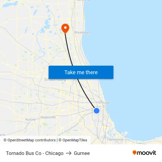 Tornado Bus Co - Chicago to Gurnee map
