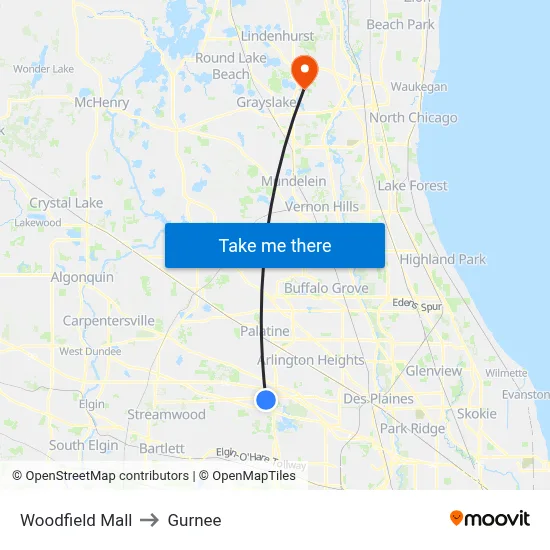 Woodfield Mall to Gurnee map