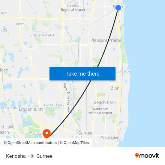 Kenosha to Gurnee map