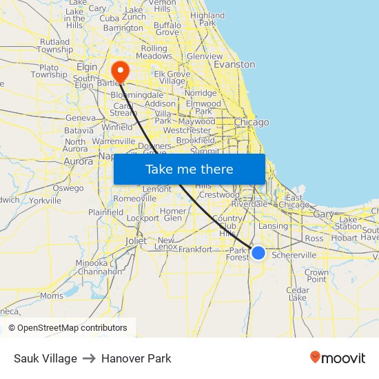 Sauk Village to Hanover Park map