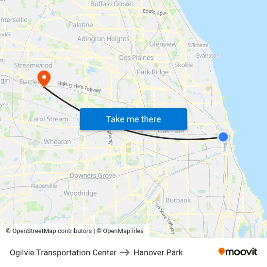 Ogilvie Transportation Center to Hanover Park map