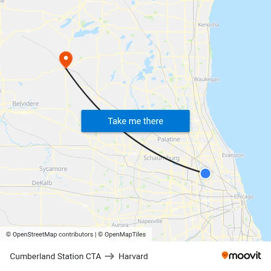 Cumberland Station CTA to Harvard map