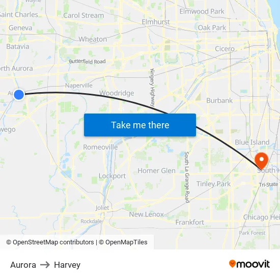Aurora to Harvey map