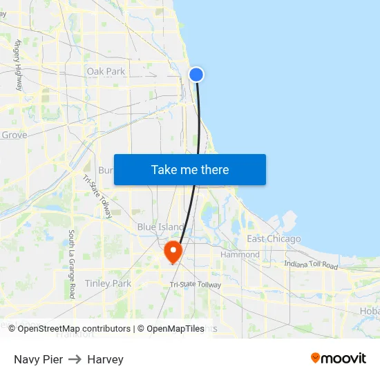 Navy Pier to Harvey map