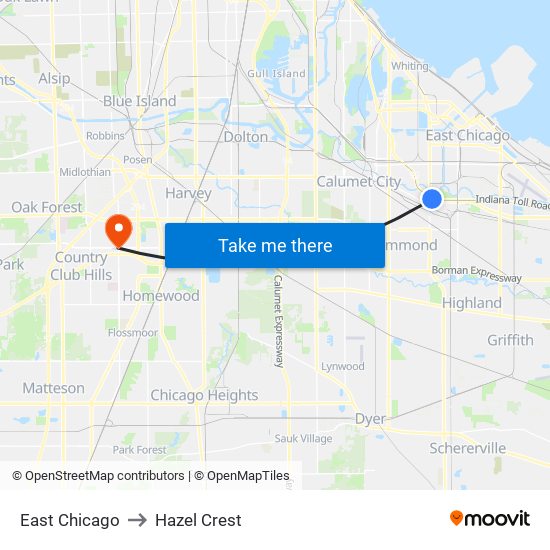 East Chicago to Hazel Crest map