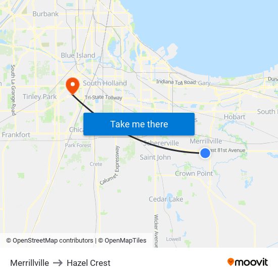 Merrillville to Hazel Crest map