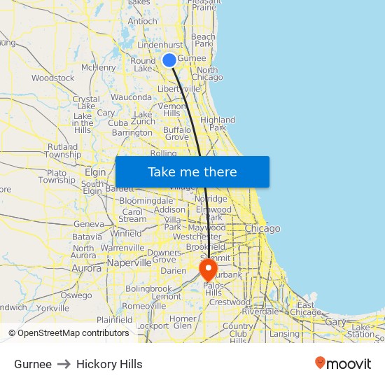 Gurnee to Hickory Hills map