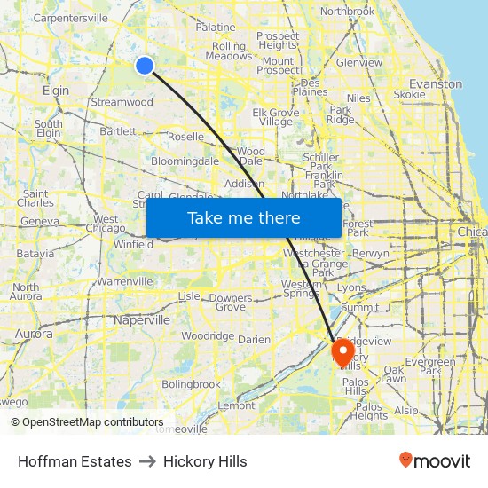 Hoffman Estates to Hickory Hills map