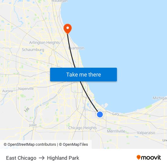 East Chicago to Highland Park map