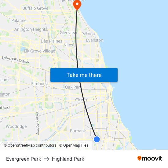 Evergreen Park to Highland Park map