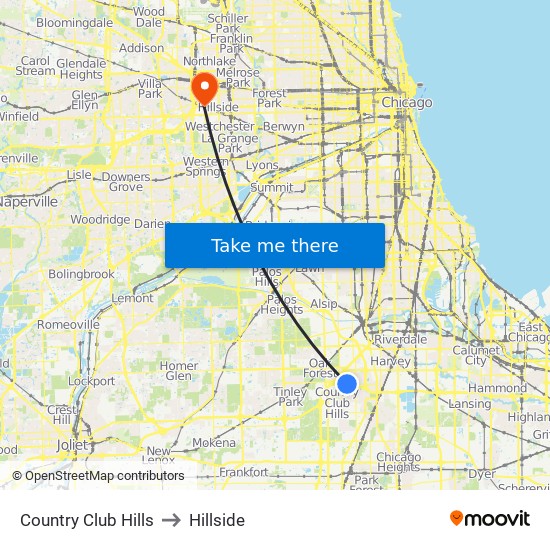 Country Club Hills to Hillside map