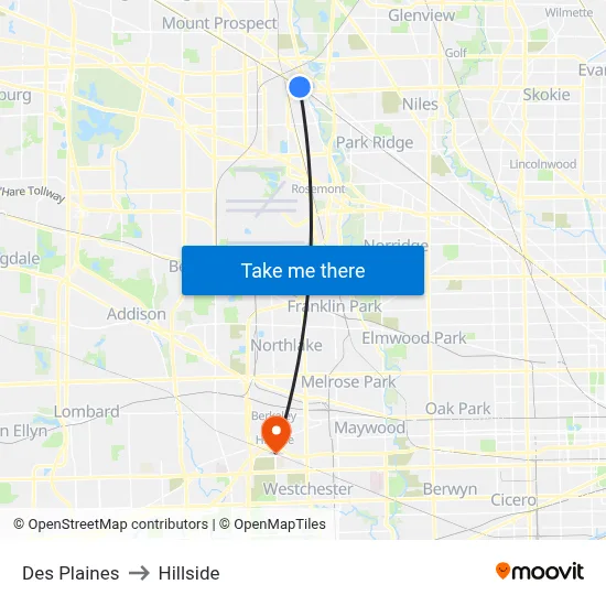 Des Plaines to Hillside map
