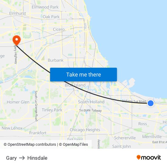 Gary to Hinsdale map