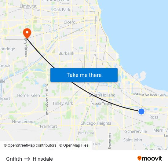 Griffith to Hinsdale map