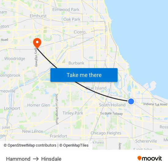 Hammond to Hinsdale map
