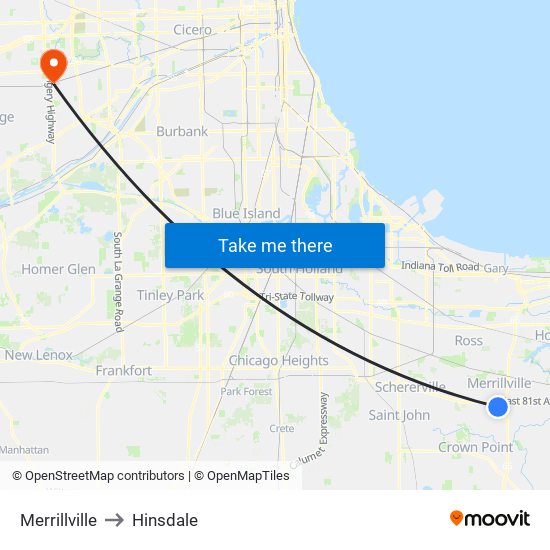 Merrillville to Hinsdale map