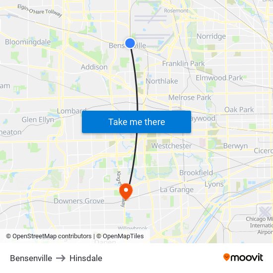 Bensenville to Hinsdale map