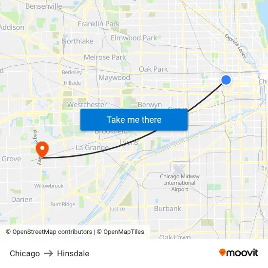Chicago to Hinsdale map