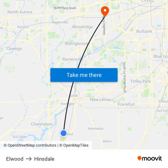Elwood to Hinsdale map