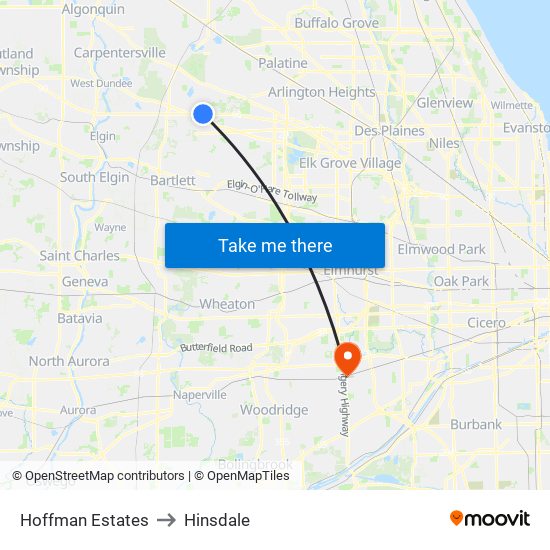 Hoffman Estates to Hinsdale map