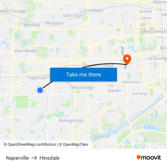 Naperville to Hinsdale map