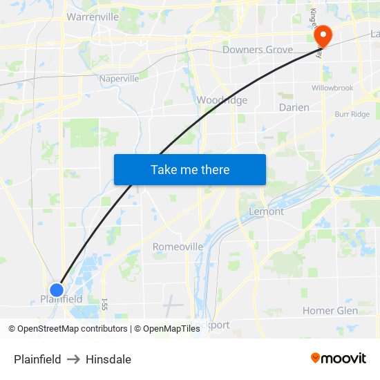 Plainfield to Hinsdale map