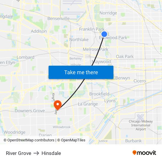 River Grove to Hinsdale map