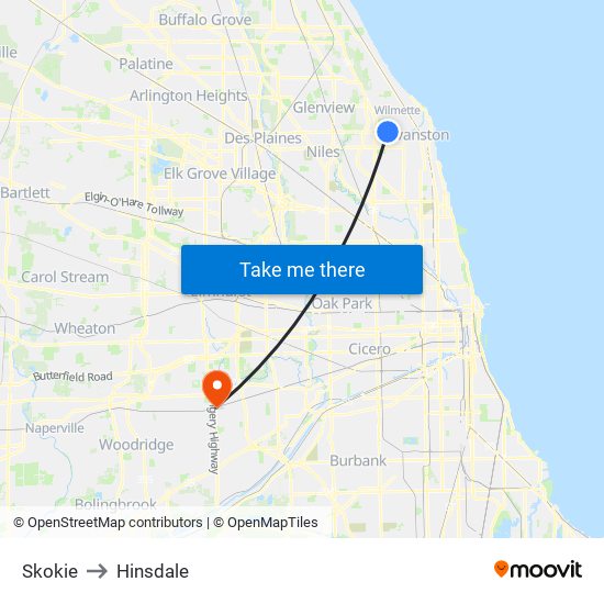 Skokie to Hinsdale map