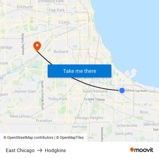 East Chicago to Hodgkins map
