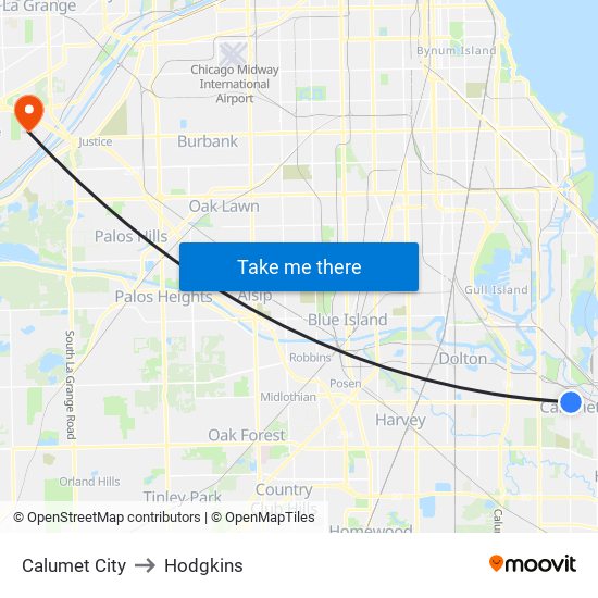 Calumet City to Hodgkins map