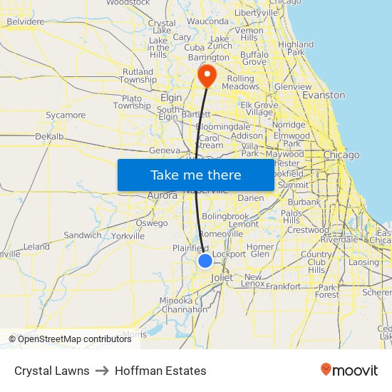 Crystal Lawns to Hoffman Estates map