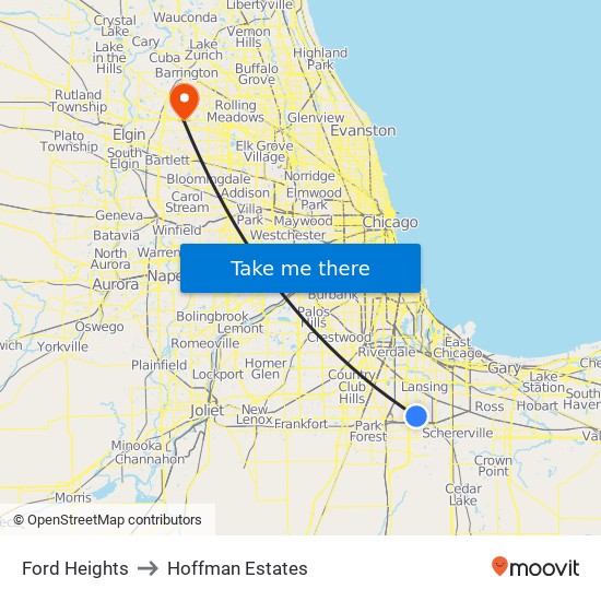 Ford Heights to Hoffman Estates map