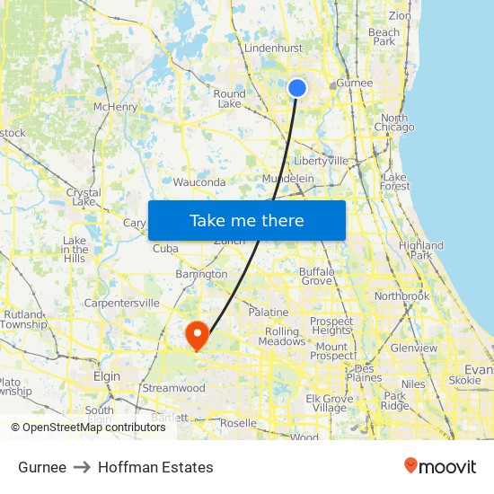 Gurnee to Hoffman Estates map