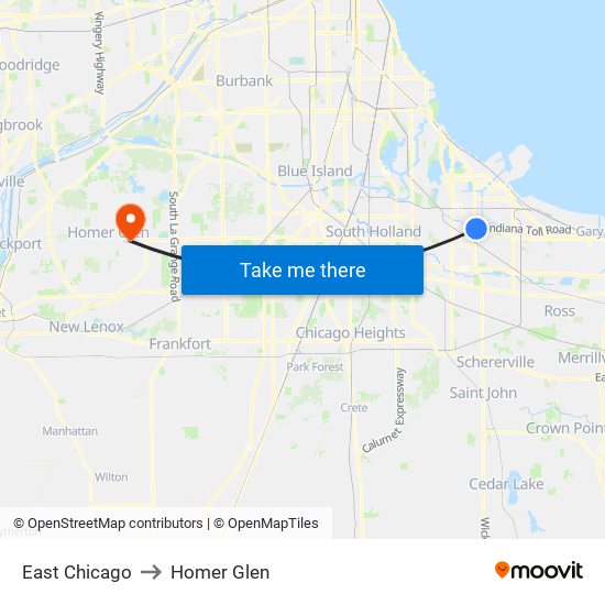 East Chicago to Homer Glen map