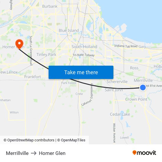 Merrillville to Homer Glen map