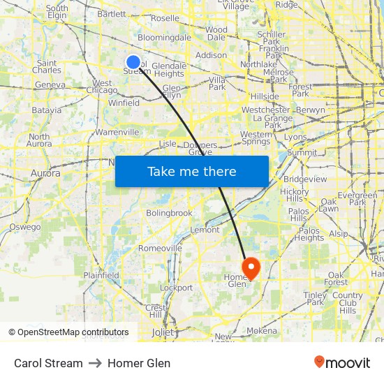 Carol Stream to Homer Glen map