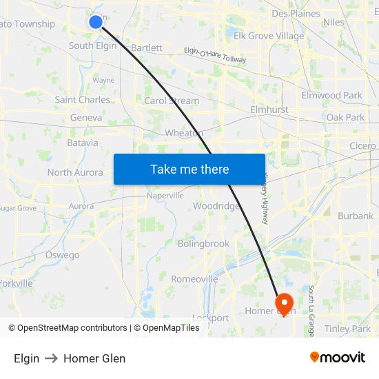 Elgin to Homer Glen map