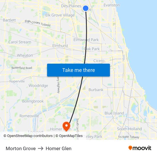 Morton Grove to Homer Glen map