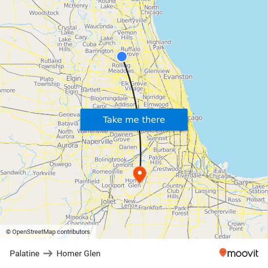 Palatine to Homer Glen map