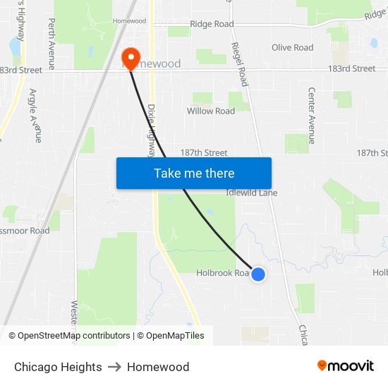 Chicago Heights to Homewood map