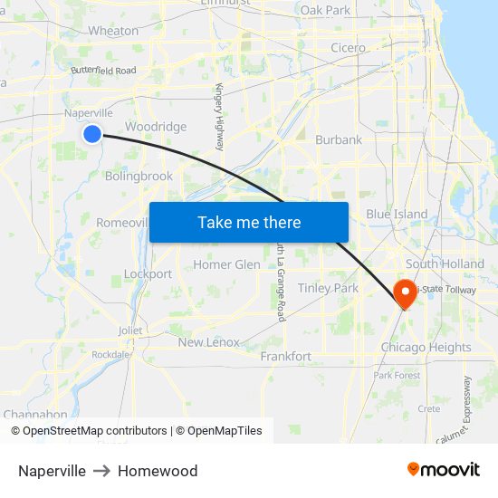 Naperville to Homewood map