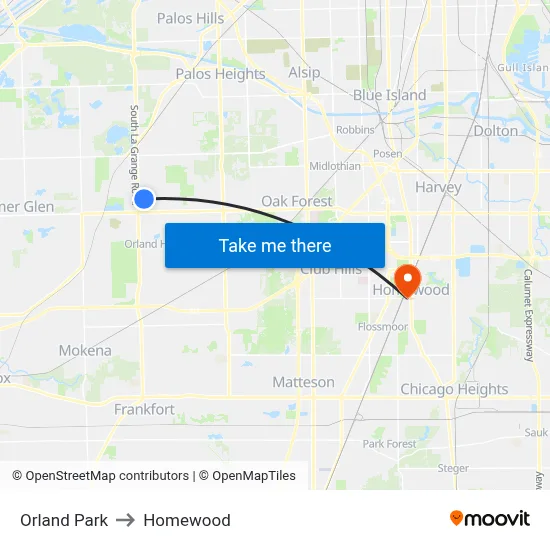 Orland Park to Homewood map