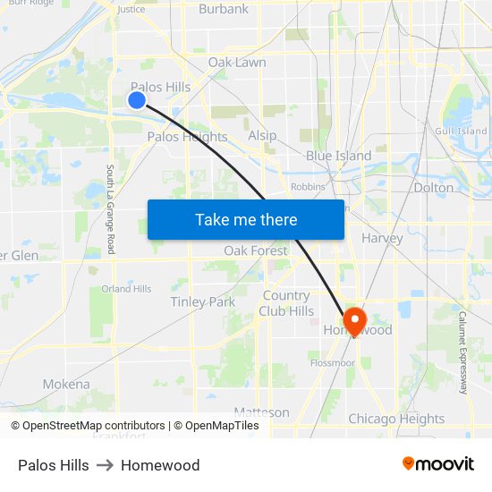 Palos Hills to Homewood map