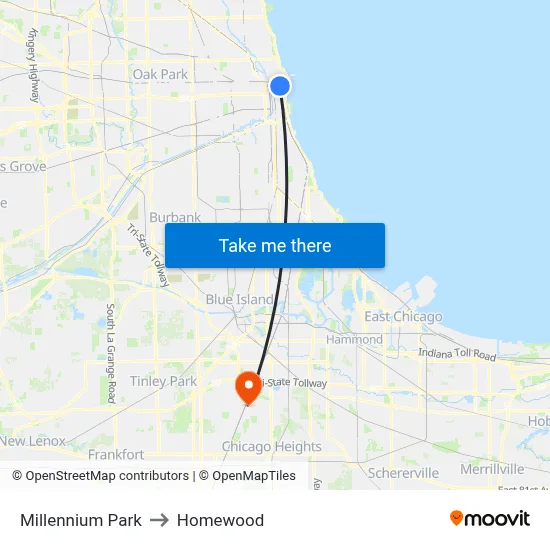 Millennium Park to Homewood map