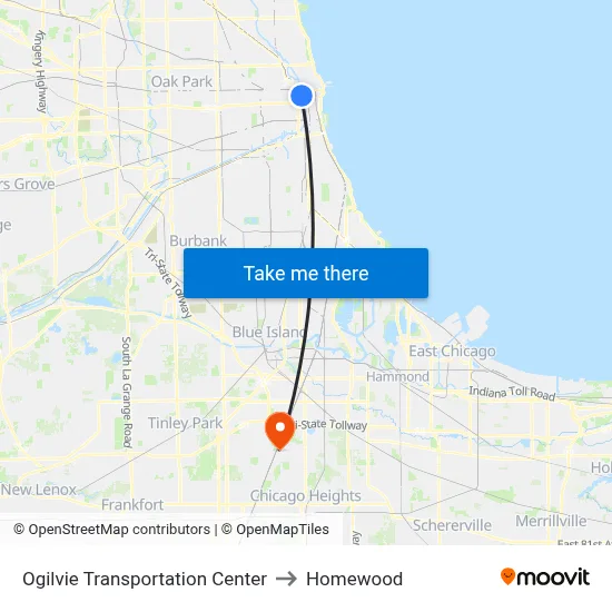 Ogilvie Transportation Center to Homewood map