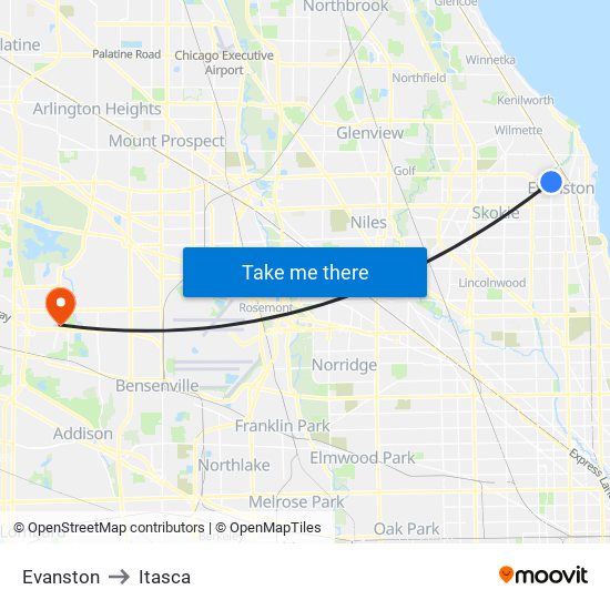 Evanston to Itasca map