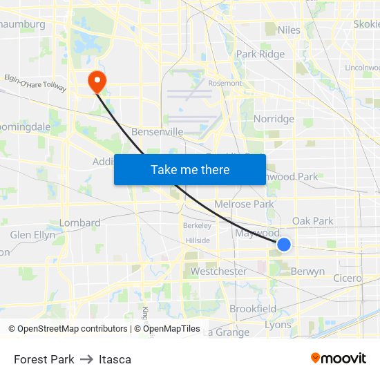 Forest Park to Itasca map