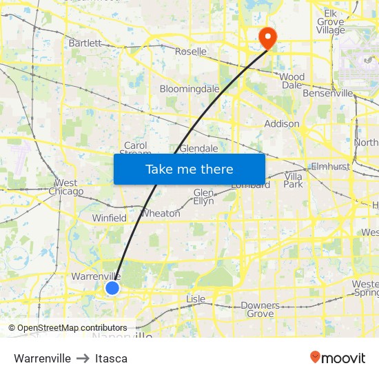 Warrenville to Itasca map