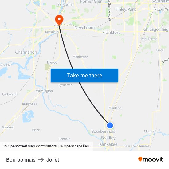 Bourbonnais to Joliet map